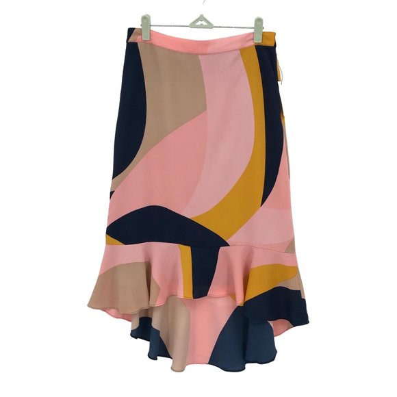 NWT Bar lll Womens Multi Colored Abstract Geo Print Ruffle Hem High Low Skirt 4 - Picture 3 of 11